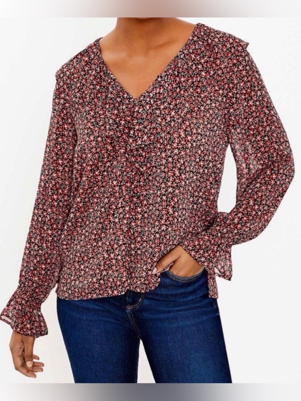 LOFT Ditsy Floral V-Neck Long Sleeve Blouse Ruffles Black Pink Red Work Medium